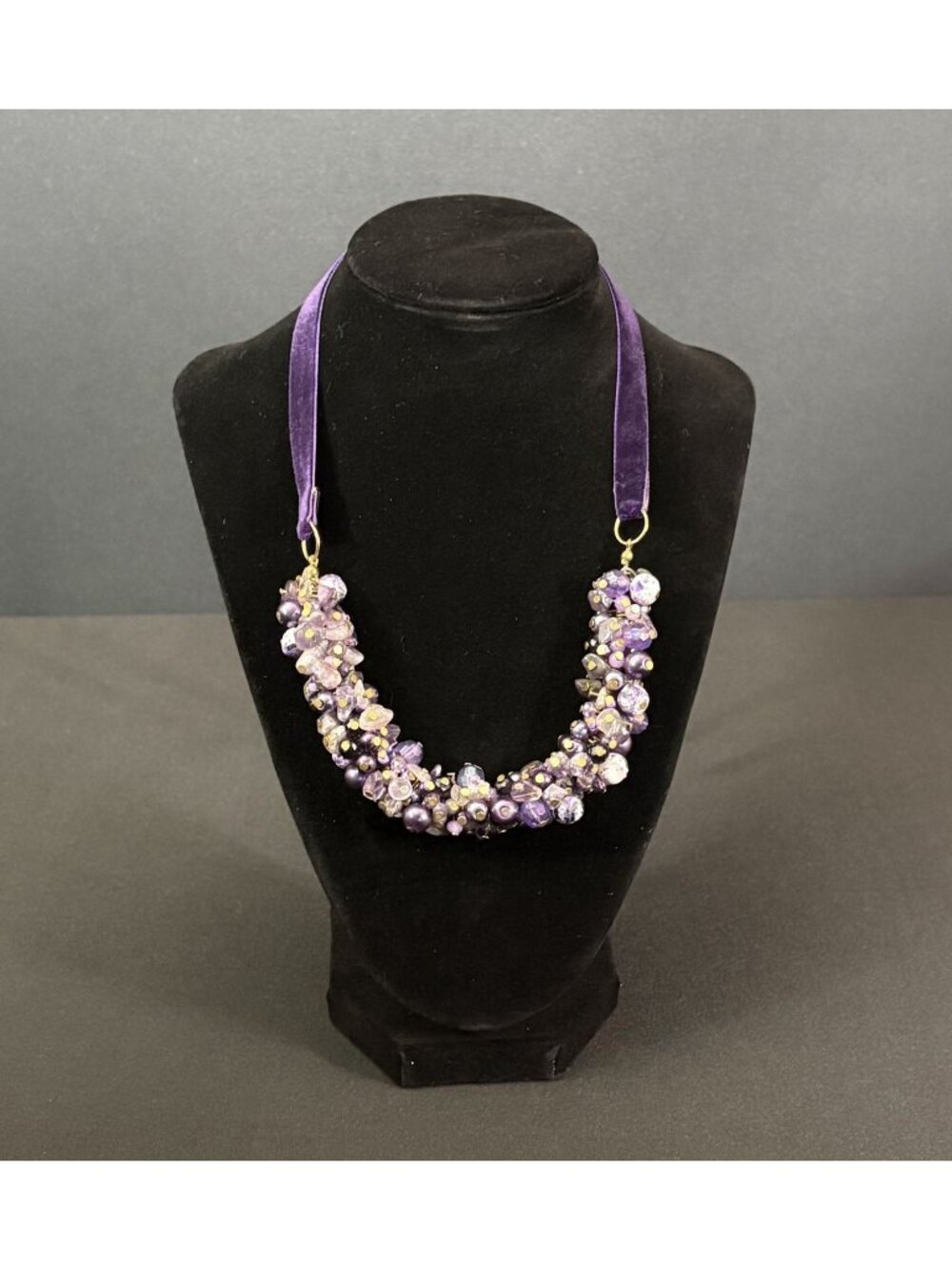Amethyst Stone Necklace Faux Pearls Beaded Cluster Purple Velvet Handcrafted